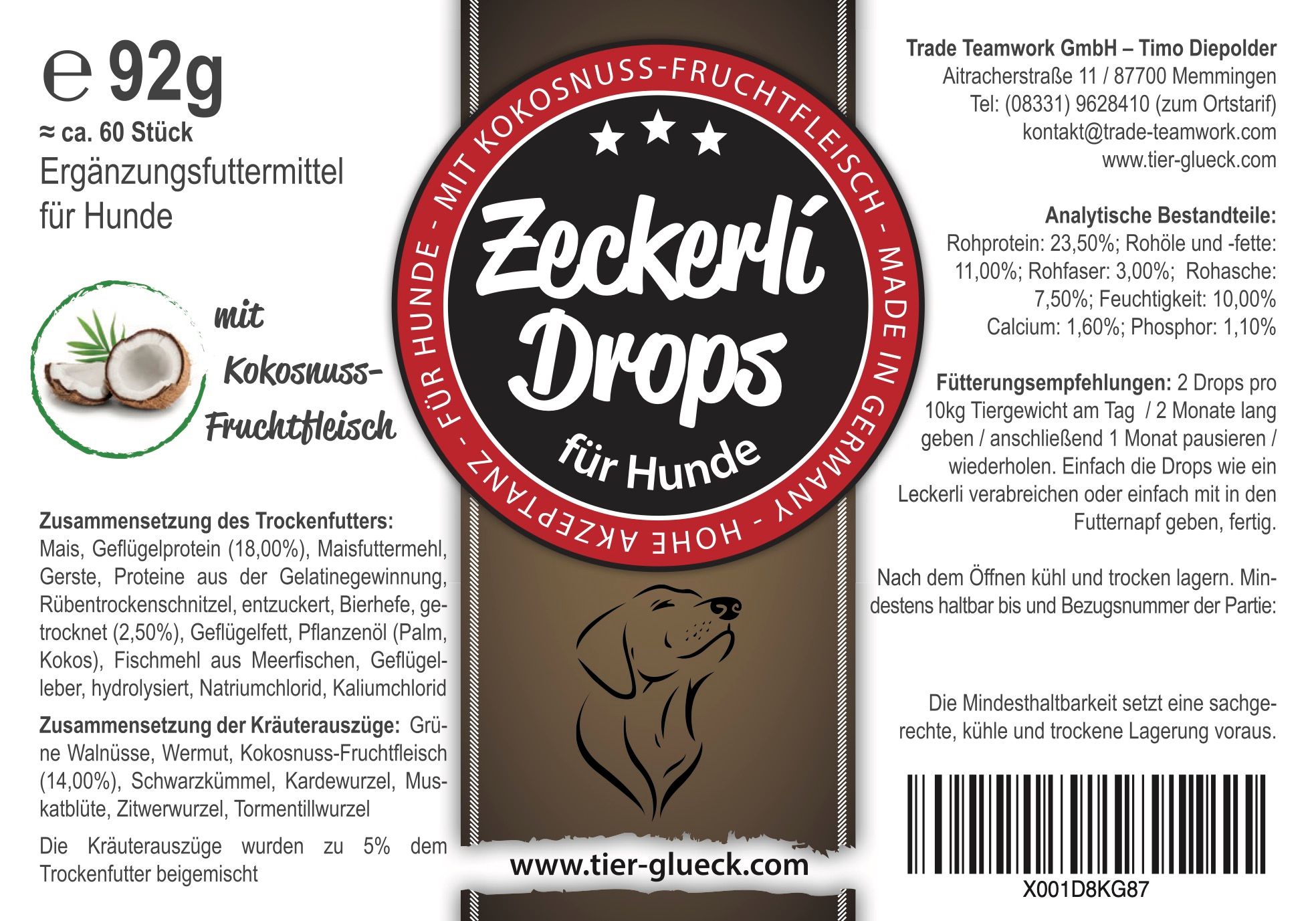TierGlück Zeckerli® Drops mit Kokosnuss und Kardewurzel für Hunde