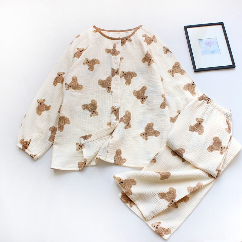 Dogini - Pyjamaset: Top met lange mouwen, ronde hals, berenprint en knoopjes + elastische tailleband met rechte pijpen