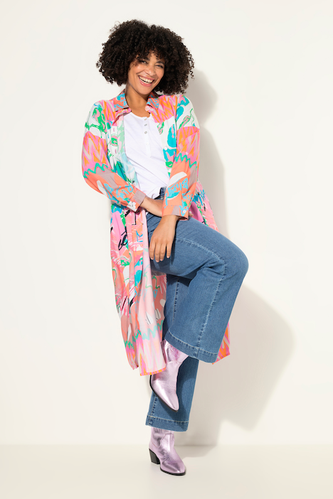 Hemdblusen-Midikleid, Allover-Druck, Knopfleiste