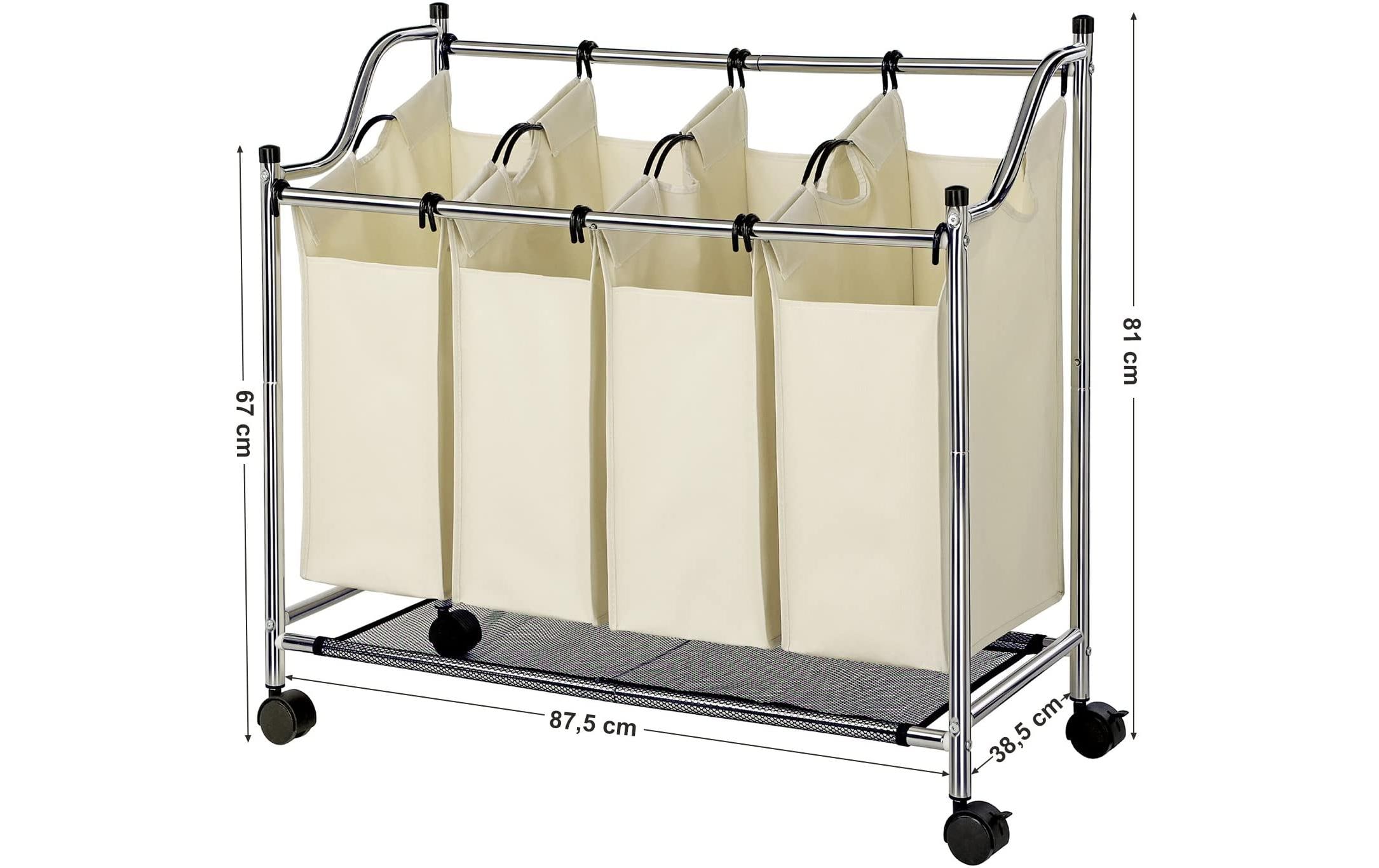 Wäschesammler mit 4 Fächern 120 l, Beige/SilberWäschewagen mit 3 Fächern