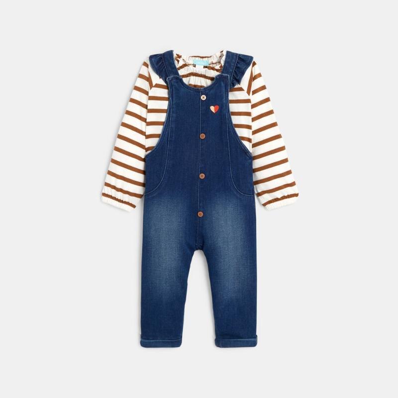 Salopette denim bleue et sweat rayé bébé fille Bleu