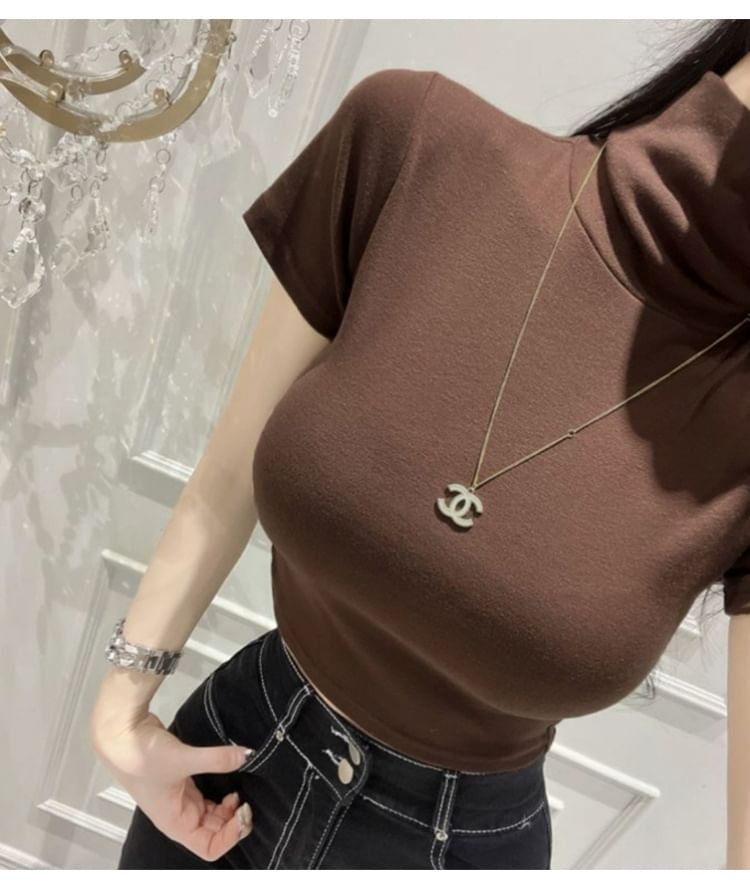 Leandra - T-shirt met korte mouwen en mockneck, effen