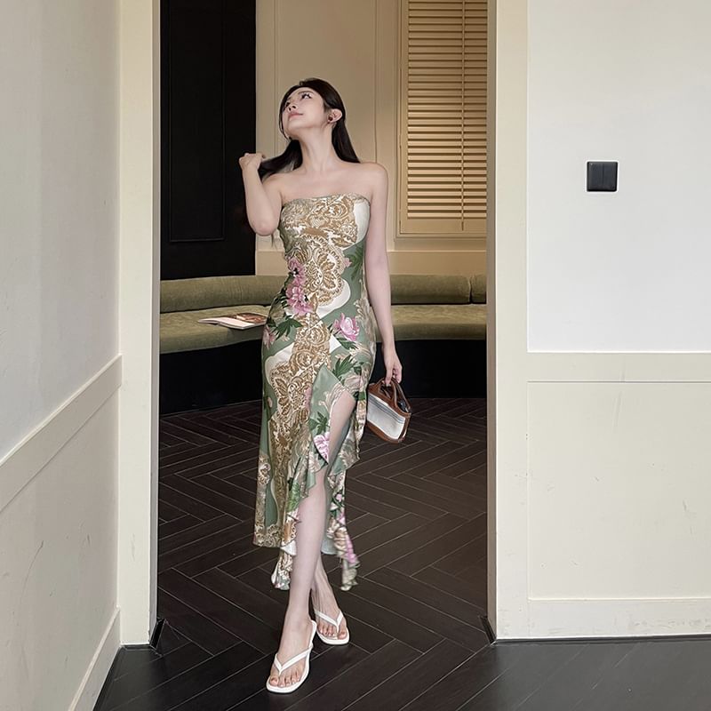 Alizio - Mouwloze bloemenprint, geplooide, split midi-jurk