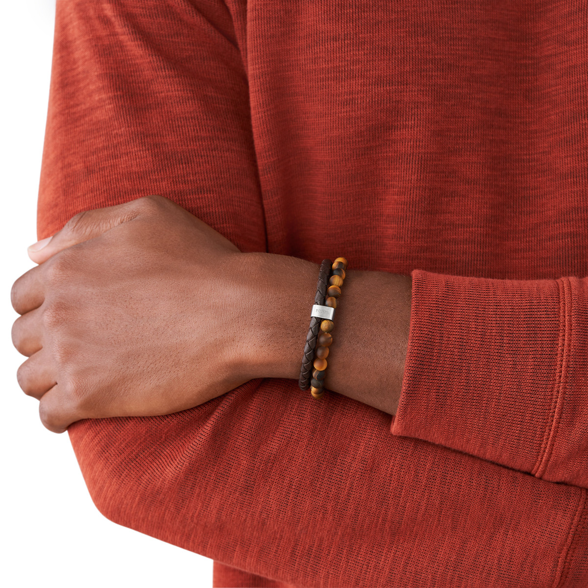 Bracelet FOSSIL acier cuir marron multi-rangs oeil de tigres 19,5 cm