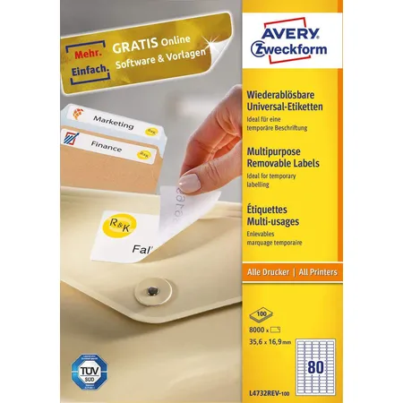 Avery Zweckform L4732REV-100 Universal-Etiketten,A4 35,6 x 16,9 mm, 100 Bogen/8.000 Etiketten, weiß