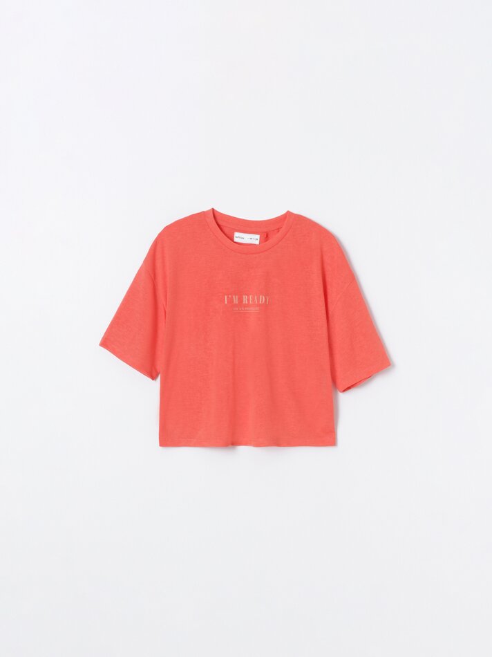 Camiseta cropped estampada - Vermelho Coral