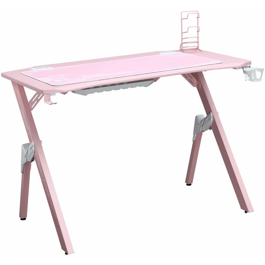 HOMCOM Gaming Tisch Mit Kopfhörerhaken, Getränkehalterung und Controllerhalter rosa