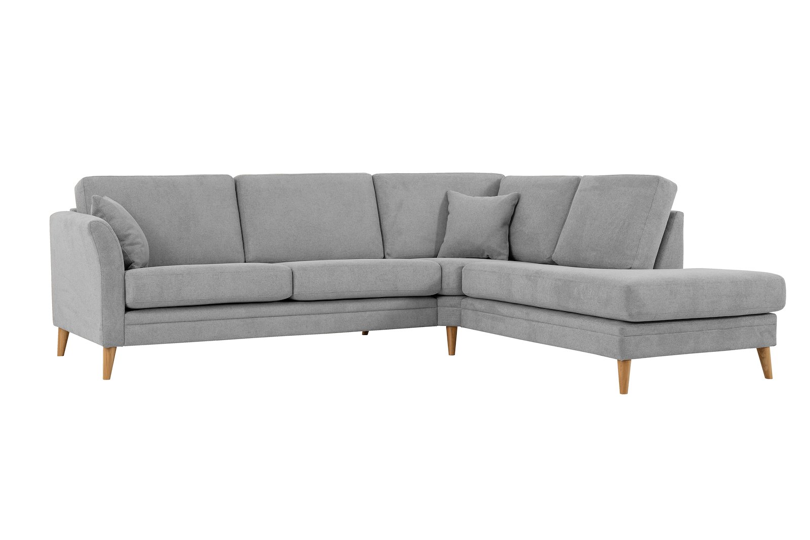 Eden hjørnesofa 2,5-seter med åpen ende høyre. Tekstil Brooklyn 3/1 Light Grey med ben i eik natur (15137).