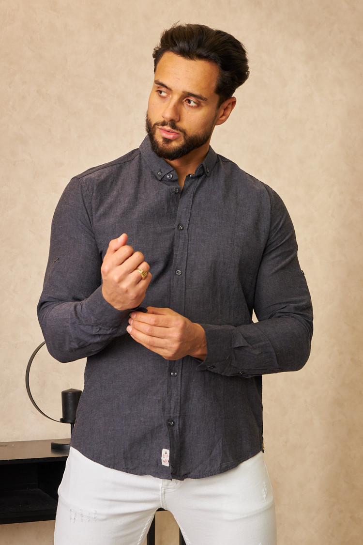 Chemise en lin noire chiné manches longues