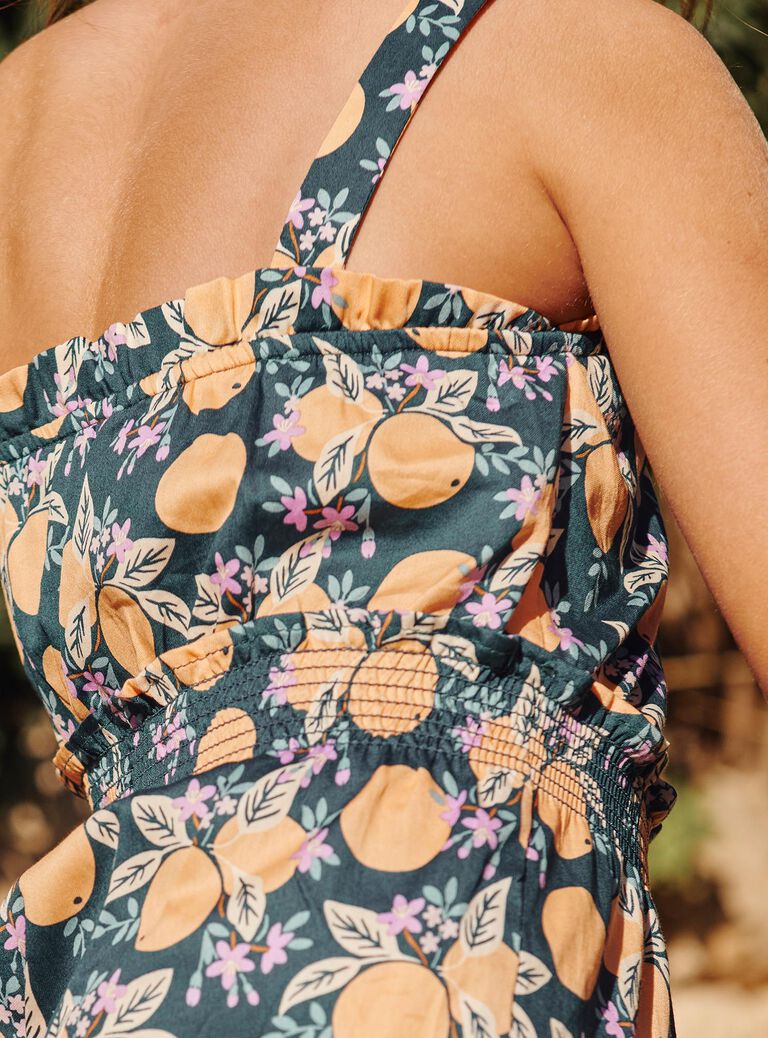 Combishort bleu-vert en satin de coton à motif oranges