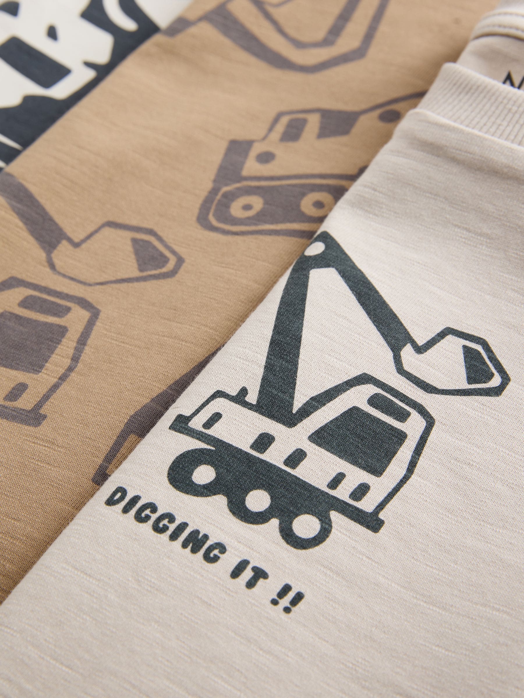 Zwart/bruin met graafmachine - Set van 3 T-shirts met grafische print en lange mouwen (3mnd-7jr)