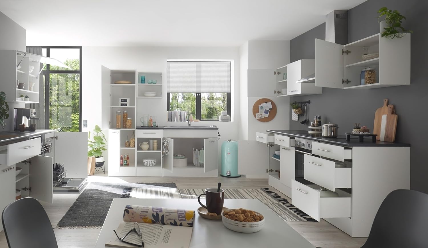 möbelando Eddy Moderner Küchenunterschrank in Weiß matt, Metallic Grau - Geräumiger Unterschrank Küche mit viel Stauraum - 100 x 90 x 60 cm (B/H/T)