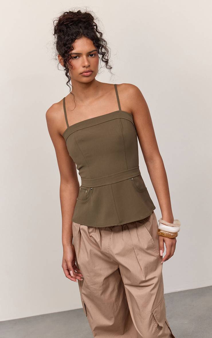 Kaki Top Corset Tissé Avec Détails Cargo