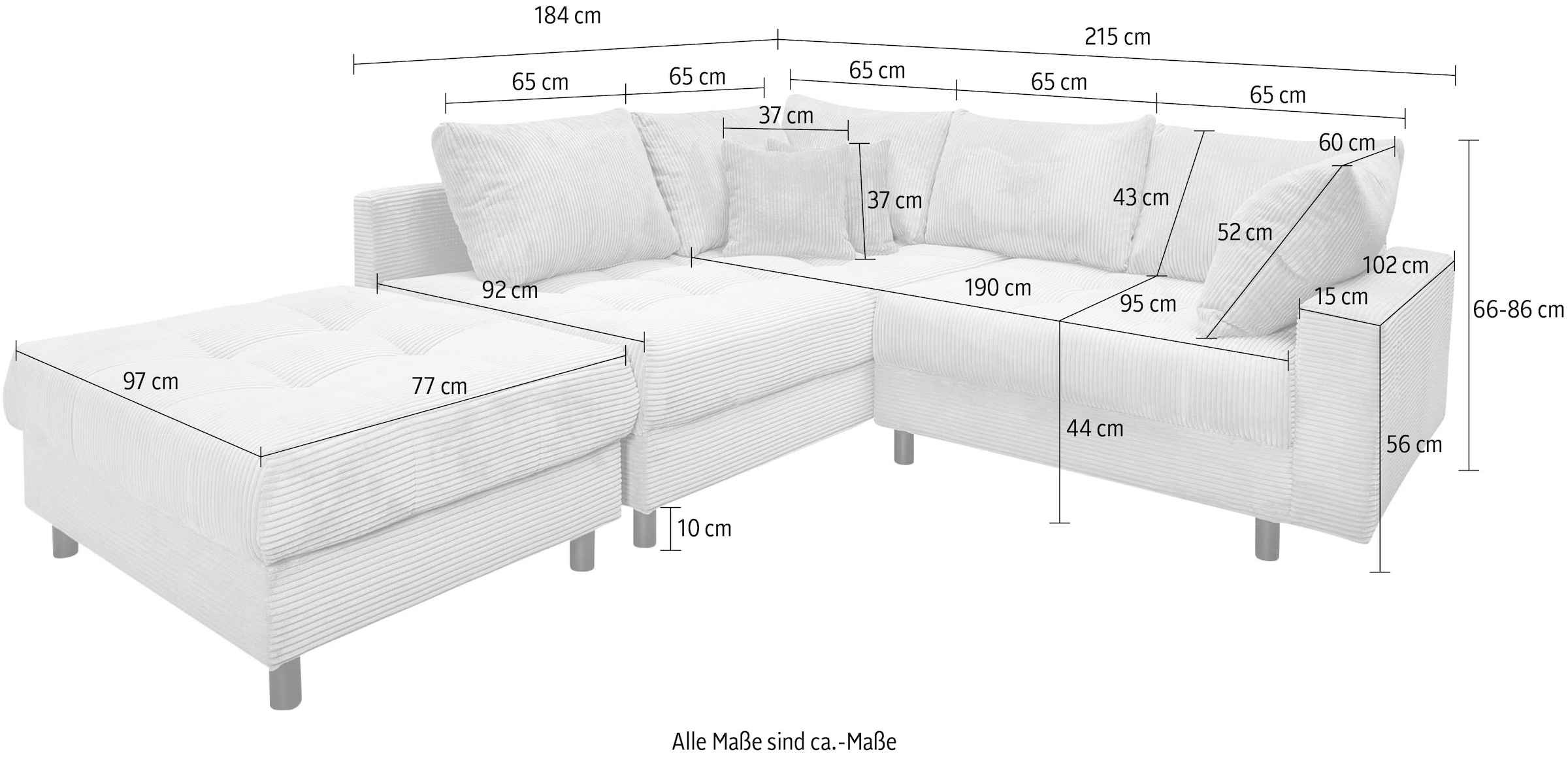 COLLECTION AB Ecksofa »Toni L-Form, B: 215 cm« mit Hocker & 2 Zierkissen, Federkern