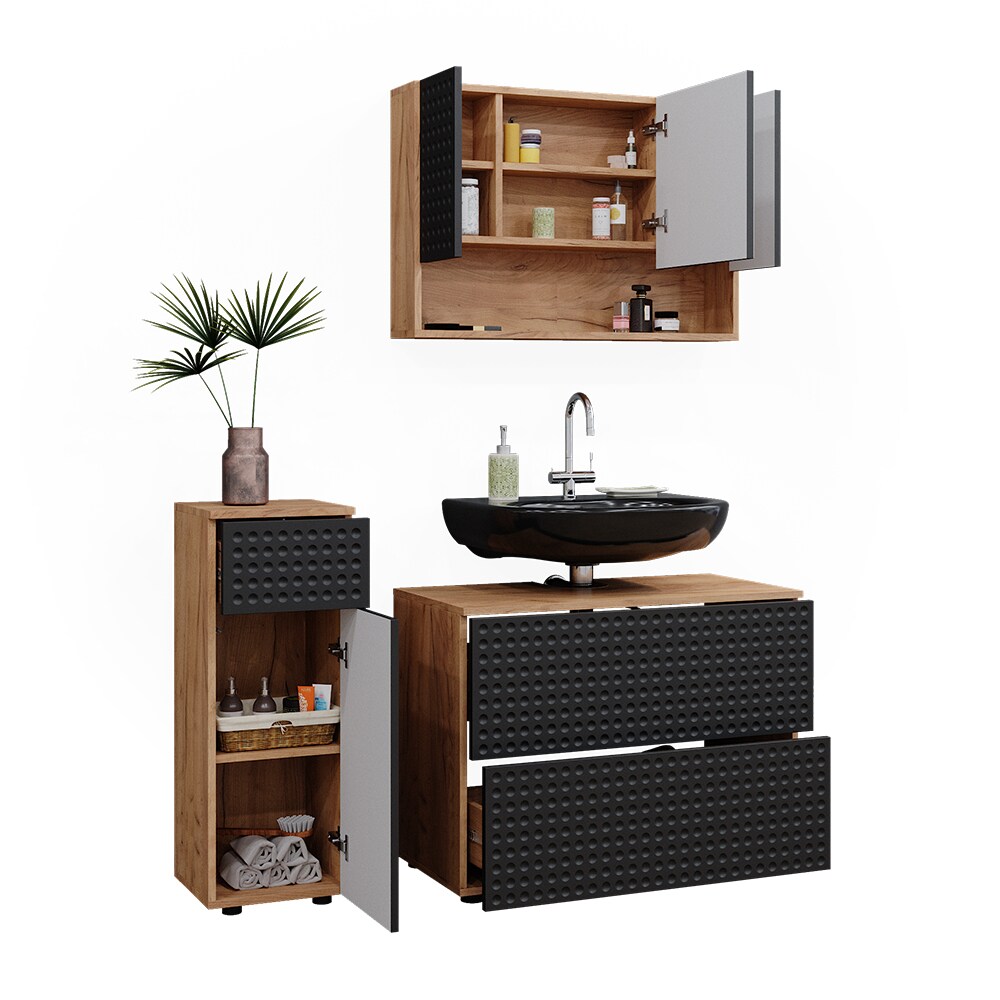 Vicco Badmöbel-Set Irma Eiche Anthrazit 3-teilig Midischrank 81 cm Waschbeckenschrank 80 cm