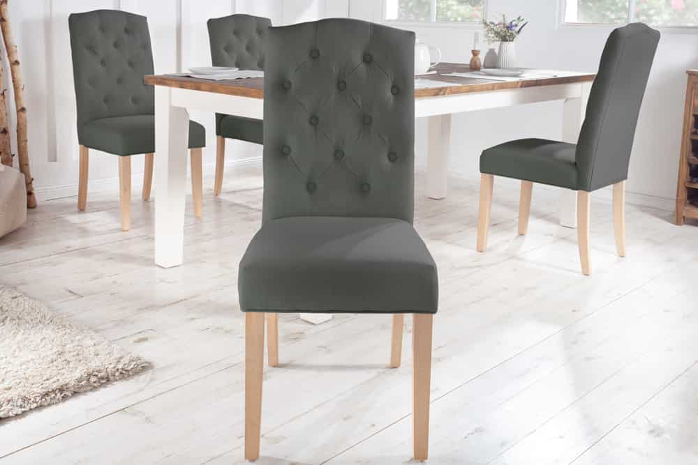 Eleganter Stuhl CASTLE grau mit Chesterfield Steppung im Landhausstil