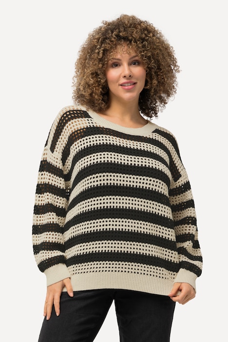 Häkelpullover, Streifen, Oversized, Rundhals, Langarm