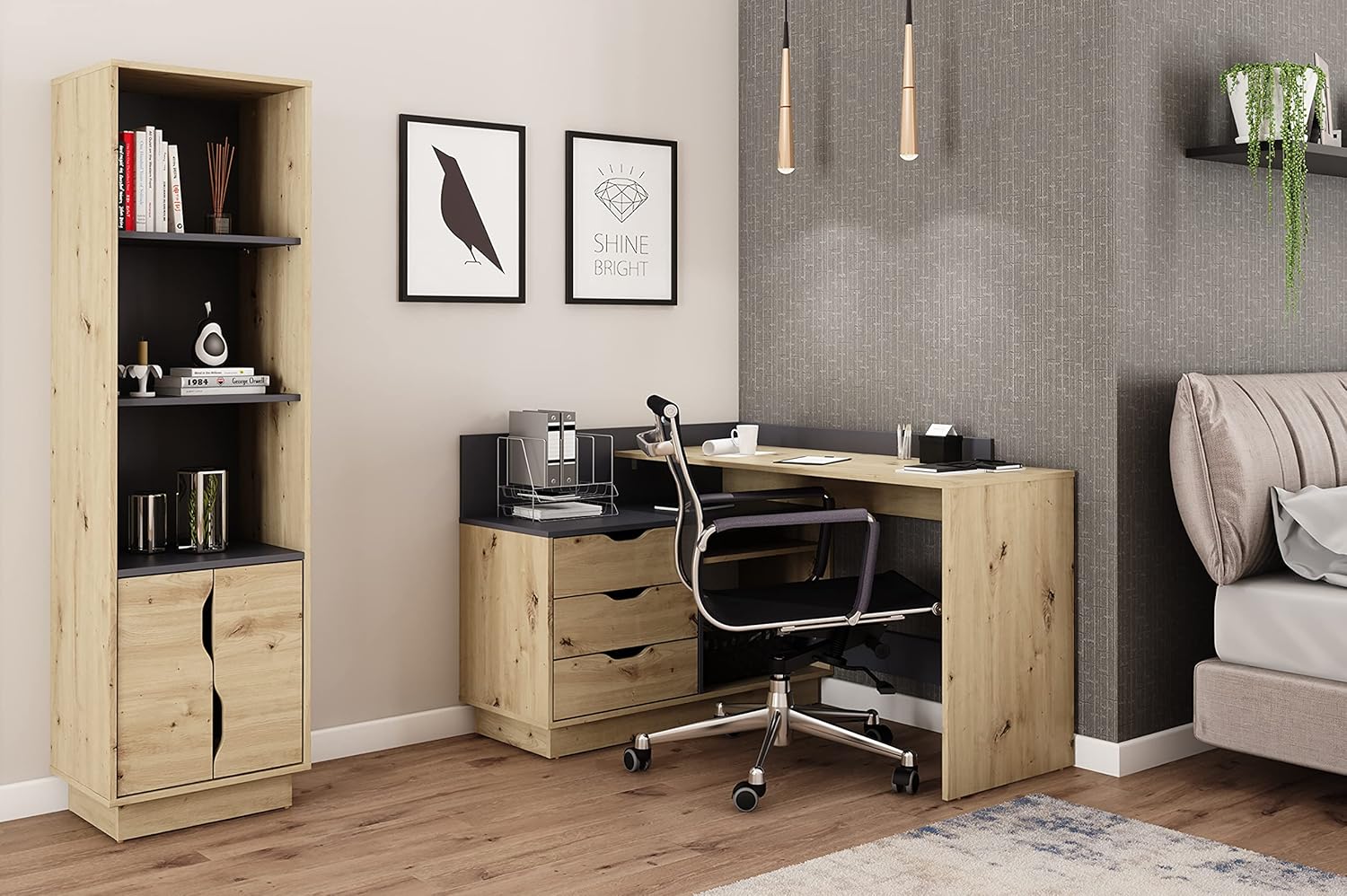 byLIVING Winkelschreibtisch Belfast/Rechts oder Links montierbar / 3 Schubkästen/Artisan Eichen-Optik - anthrazit/Bürotisch/Eckschreibtisch/Schreibtisch/B 129, H 83,5, T 105 cm