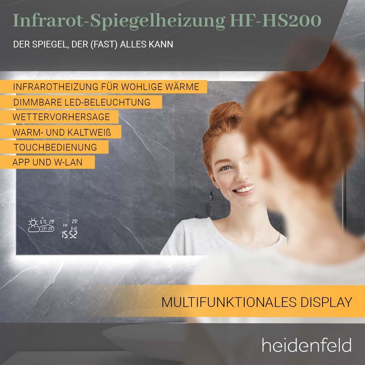 Heidenfeld Spiegel Infrarotheizung | HF-HS200 mit Touchpanel -    - 200 Watt - 60 x 60 cm - WiFi Badspiegel - Badezimmerspiegel - Infrarot Heizung Spiegel - Wandheizung