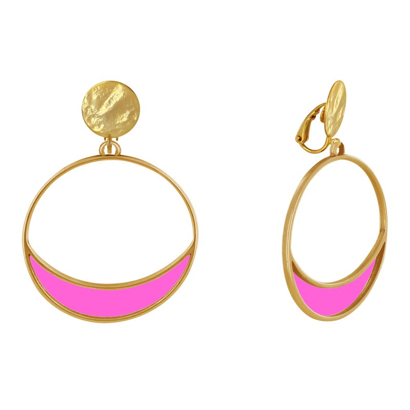 Boucles d'Oreilles Clip Métal Doré Cercle et Croissant de Lune Translucide Coloré