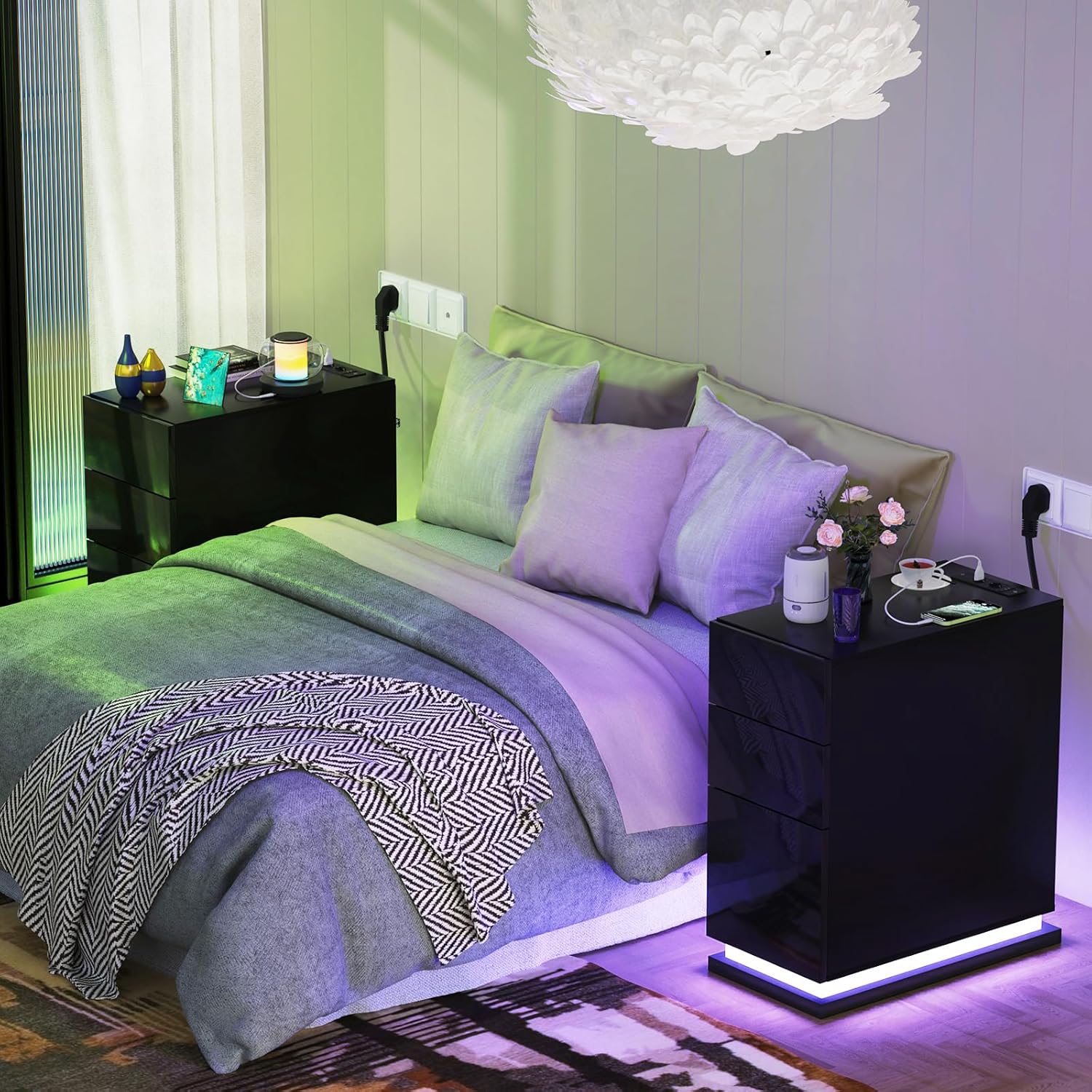 Nachttisch Schmal mit LED, Schwarz Nachtschrank mit Steckdose und USB-Anschlüsse, Nachttisch mit 16 Einstellbar LED, Nachttische Hochglanz Front, Schmaler Nachttisch 50x30x63cm