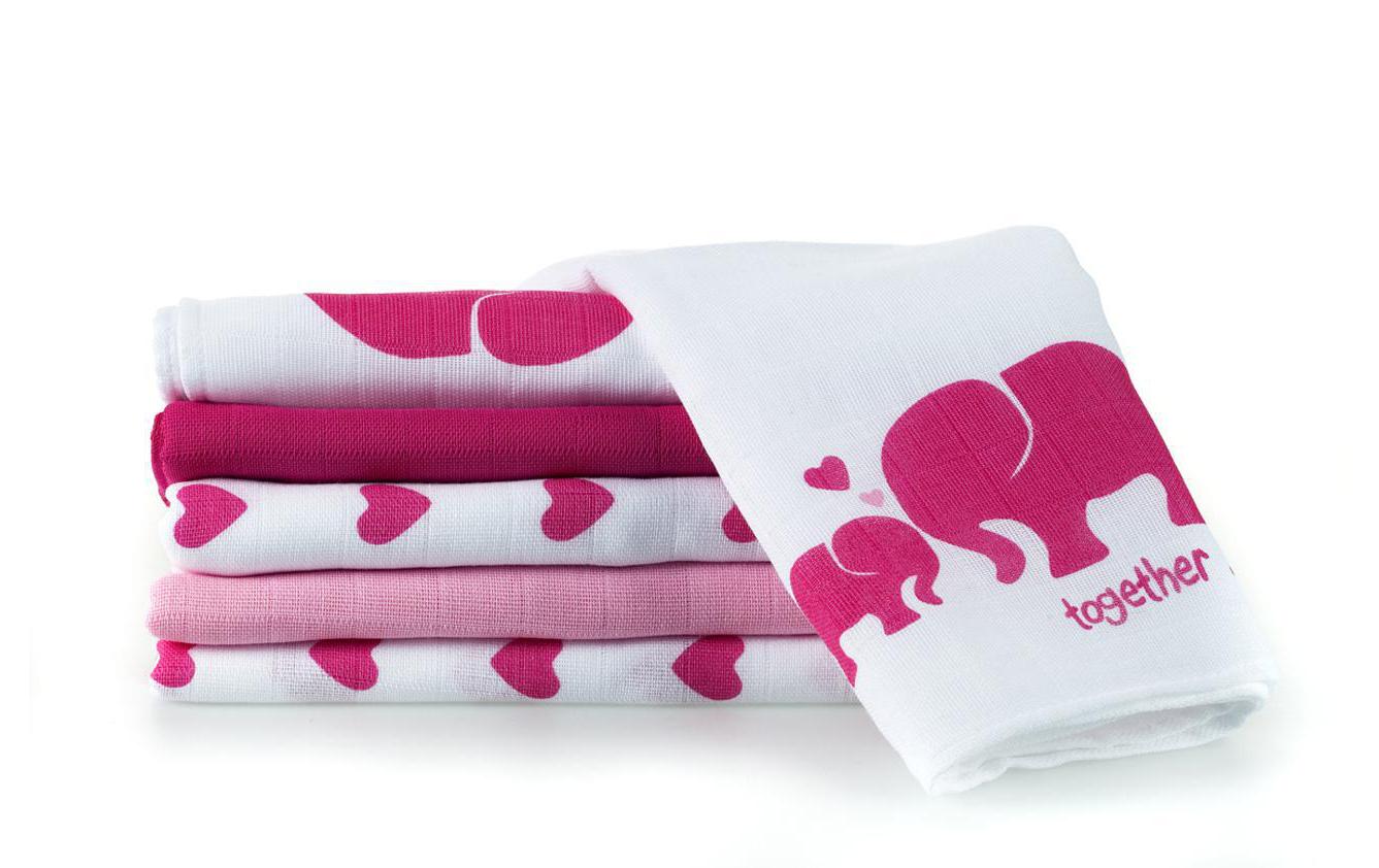Mulltuch 6-er Set 80 x 80 cm Pink und Weiss Elefant, HerzMulltücher 80 x 80 cm Pink / Weiss Elefant, Herz