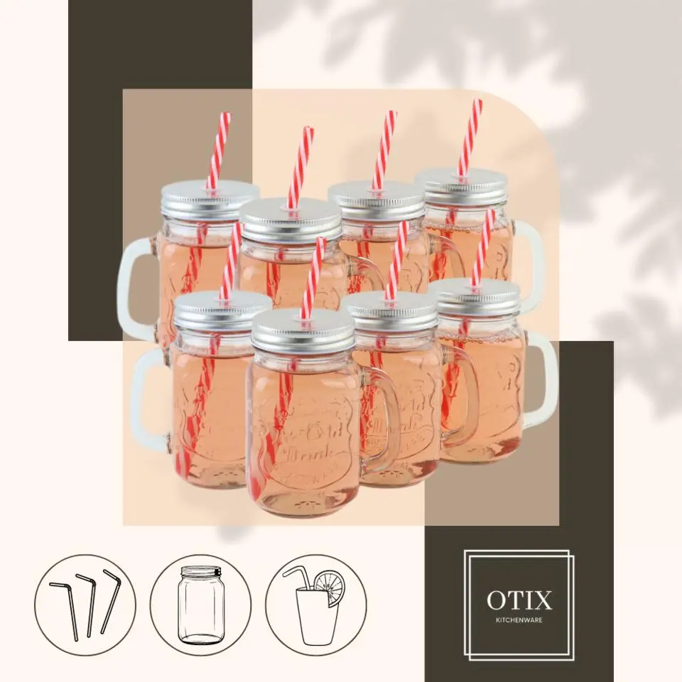 OTIX Mason jar Drinkbeker met Rietje Set van 8 Zilvere dop 450 ml
