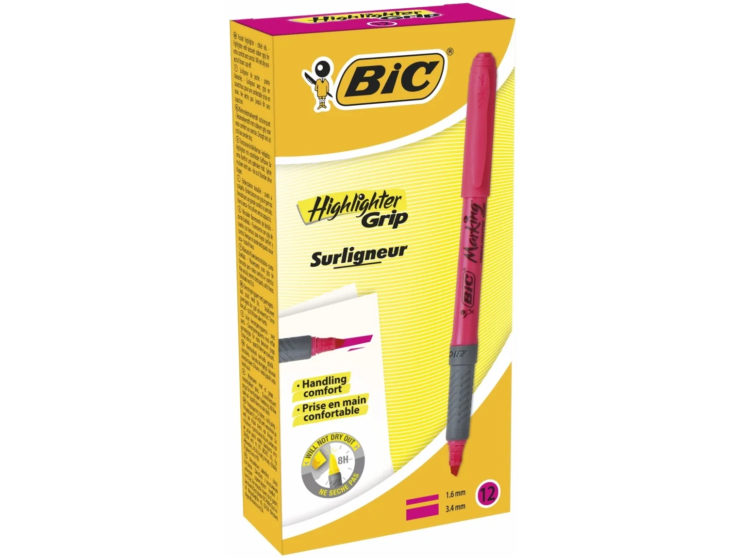 Overstregningspen BIC Highlighter Grip pink med skrå spids - (12 stk.)