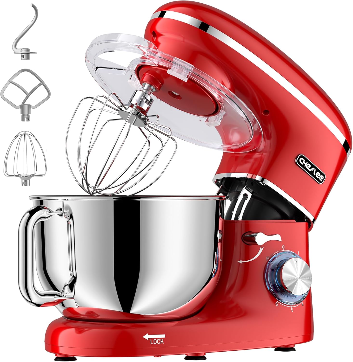 CHeflee Küchenmaschine Teigmaschine 2000W Knetmaschine,Mit 6.2L EdelstahlschüSsel,6 Geschwindigkeit Reduzierte GeräUsche,Mit RüHrbesen,RüHrhaken,SpritzwassergeschüTzter Knetmaschine Mit Knethaken