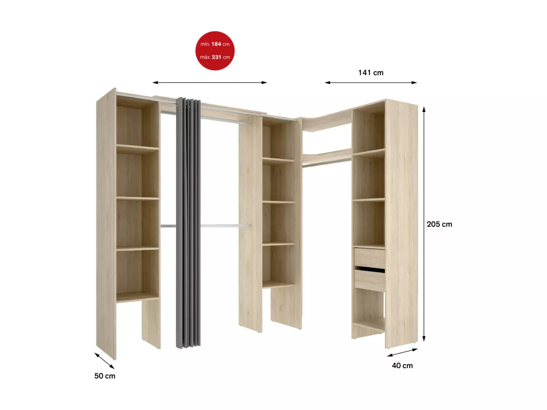 Grande Garde-robe Dmacintyr, Meubles de chambre, Penderie de plain-pied, Placard à vêtements, 234x141 h205 cm, Chêne clair