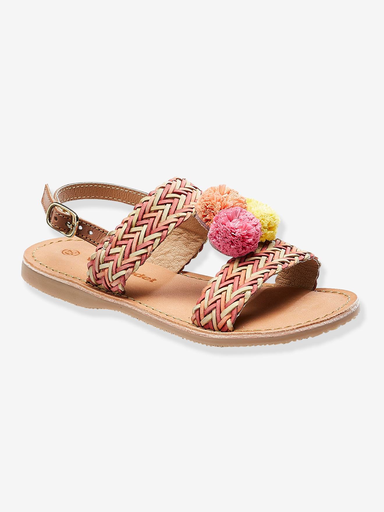 Sandálias de couro para meninas com borlas, rosa médio, lisas com motivos.