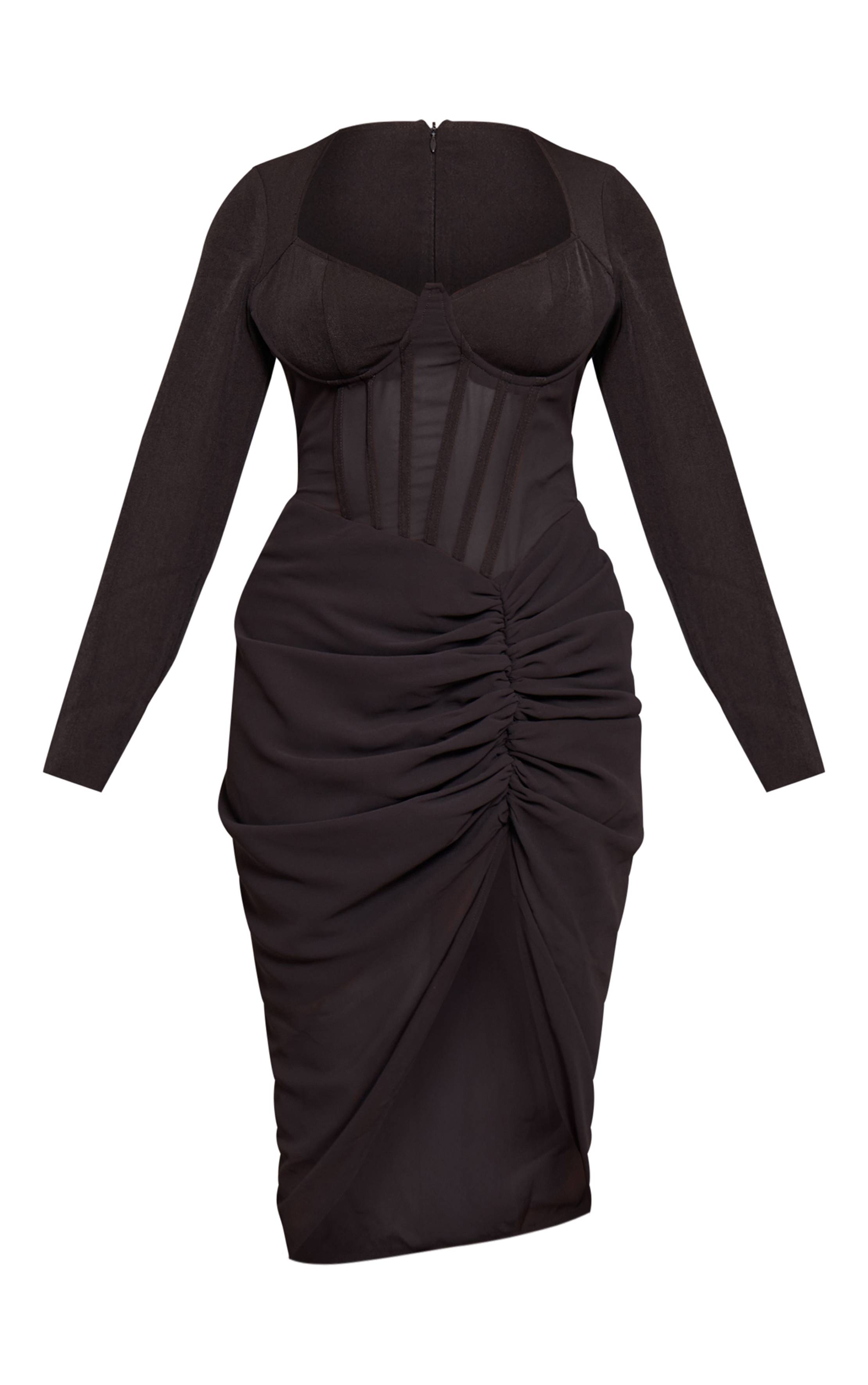 Noir Robe Moulante Mi-longue À Manches Longues Avec Détail Corset Et Fronces Shape