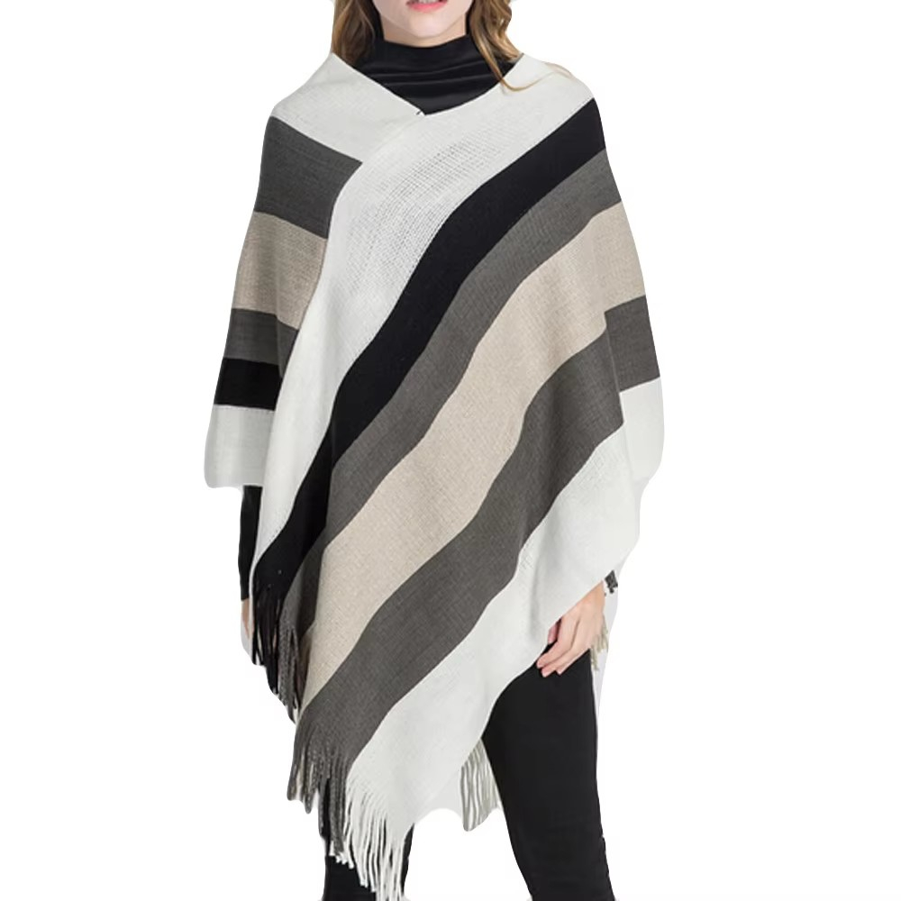 Damen Strick Poncho Fashion Schulter Tuch Cape mit Fransen (One Size) - Weiss / Grau
