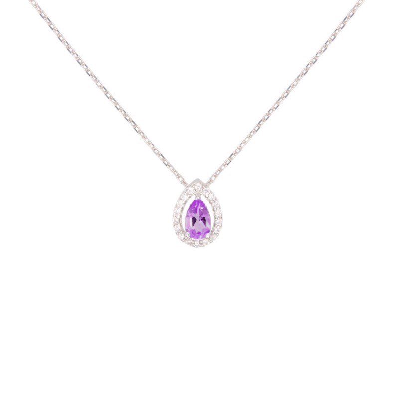 Collier Or Blanc Améthyste en Goutte et Zirconiums - Femme