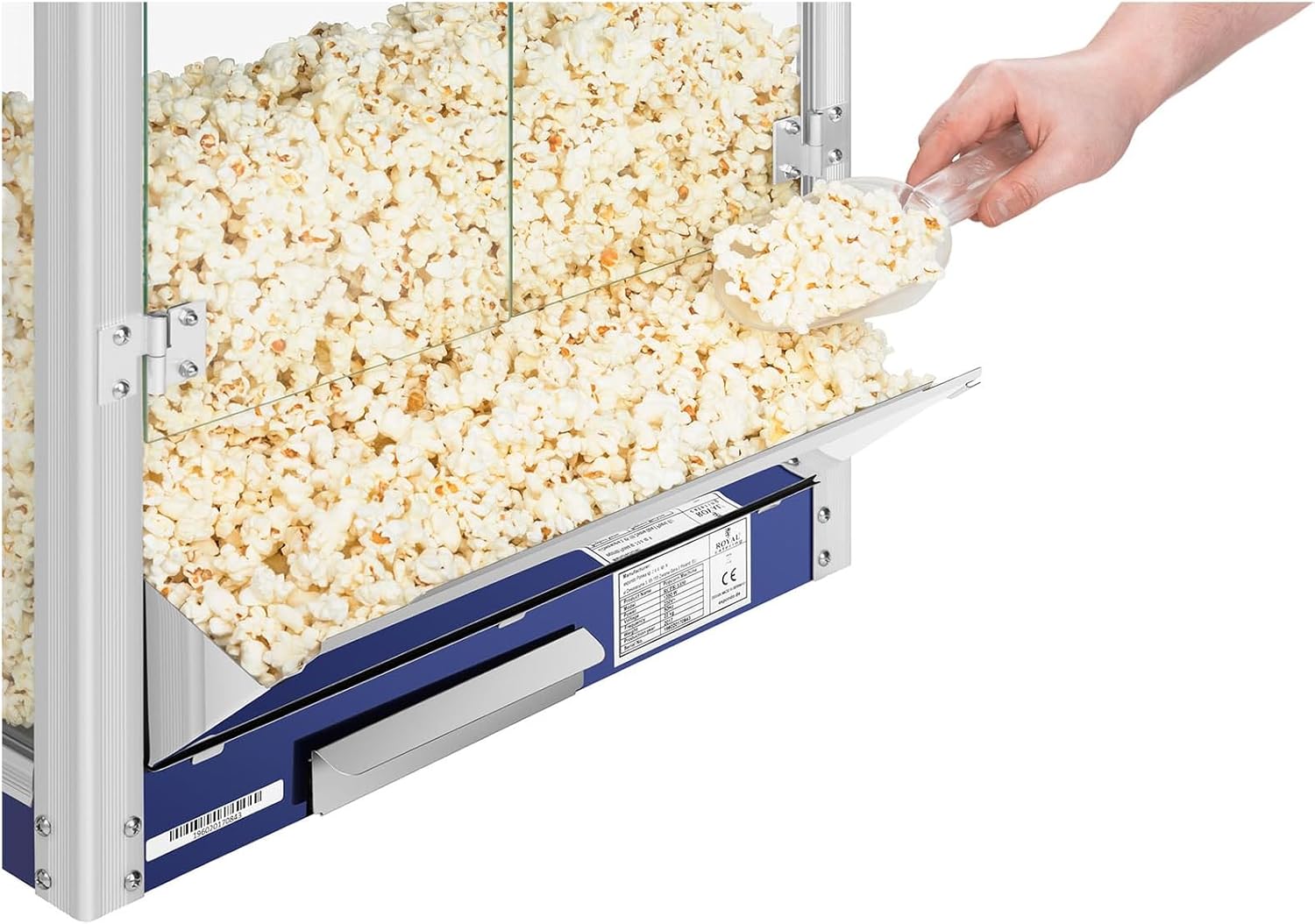 Royal Catering Popcornmaschine Retro-Design in Blau 1500 W 5 kg/h beleuchteter Innenraum entnehmbarer Topf mit Antihaftbeschichtung perforierter Boden Krümelschublade