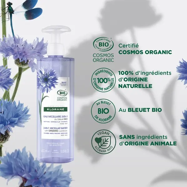 Eau micellaire au bleuet Bio Démaquillant 3-en-1 Klorane - Flacon-pompe de 400 ml