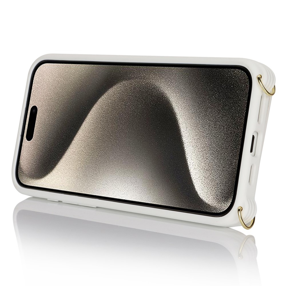 iPhone 15 Pro Necklace Leder Hülle mit Münzfach und Kartenfächer   Finger Griff Halterung   Handykette - Weiss