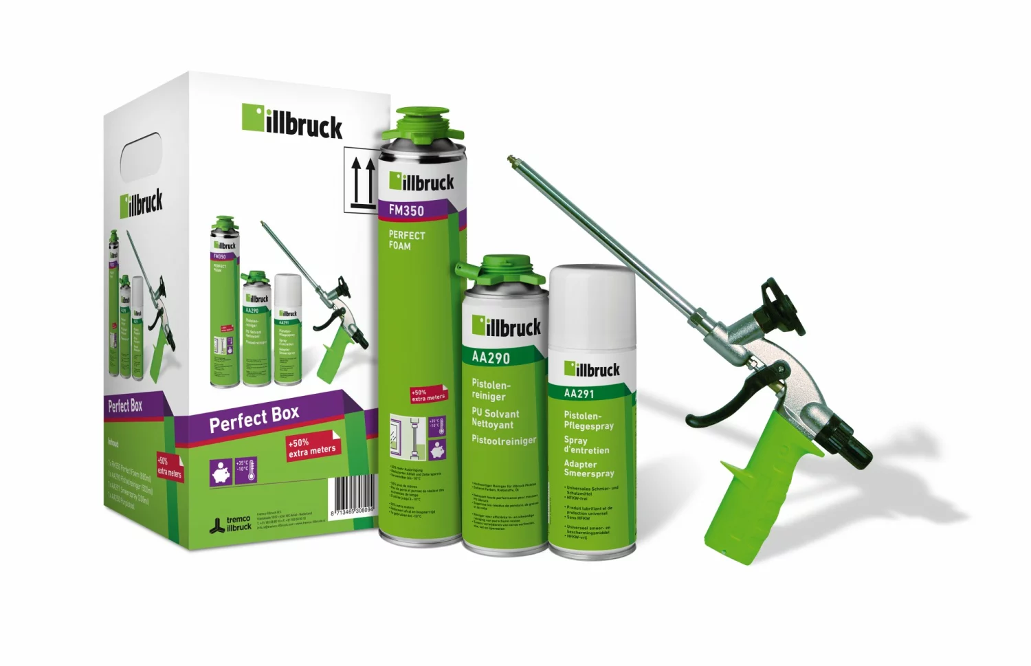 illbruck FM350 Perfect Box - 7x FM350 - 880 ml   AA290 Reiniger   AA291 Smeerspray   AA250 Foam Gun Pro