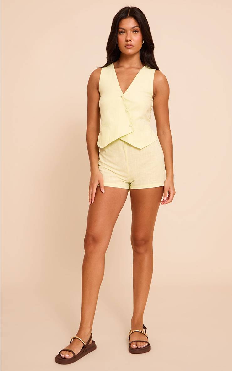 Pale Lime Combi-short Gilet Asymétrique Ajusté Aspect Lin
