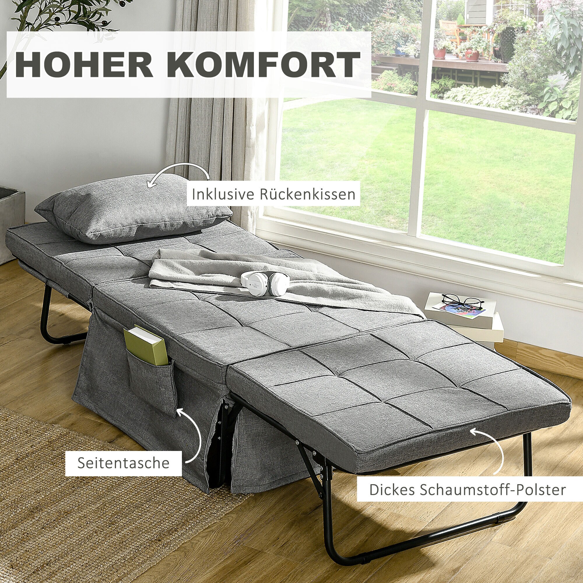 HOMCOM Klappbett mit Matratze grau 188L x 75B x 38H cm