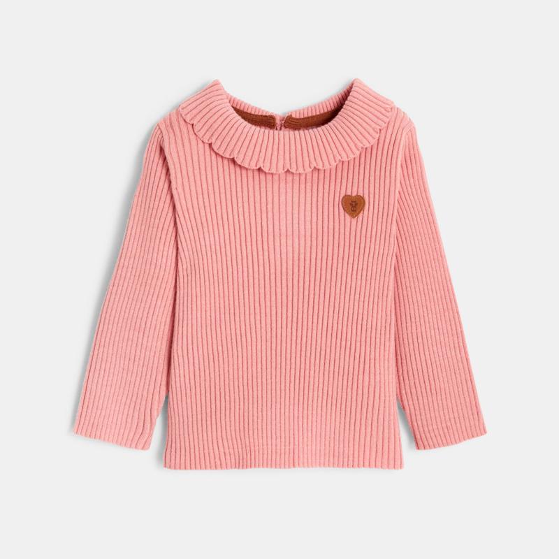 Pull maille tricot côtelé à col rose bébé fille Rose