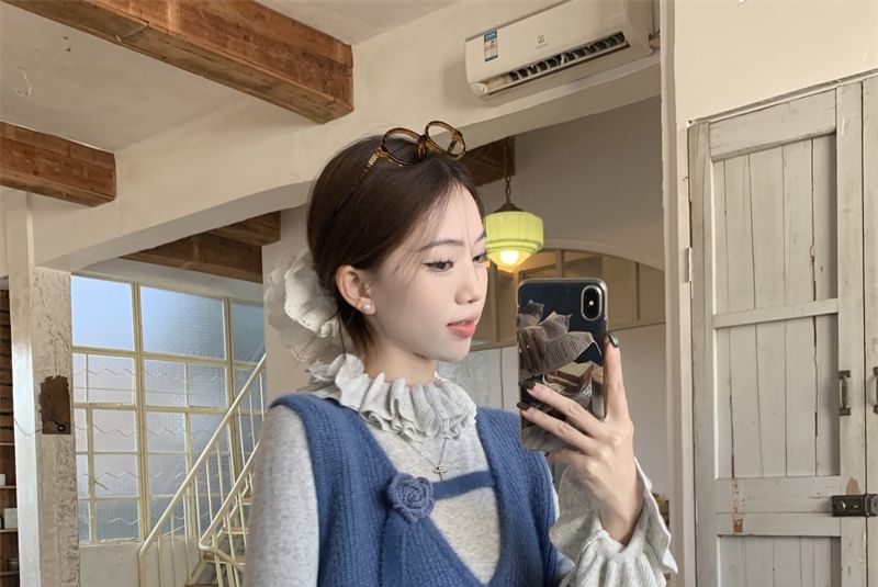 Trendycas - Top met lange mouwen en mockneck, gemêleerde ruches, gebreide top met V-hals en bloemenaccent, vest met elastische taille en bloemenprint in A-lijn