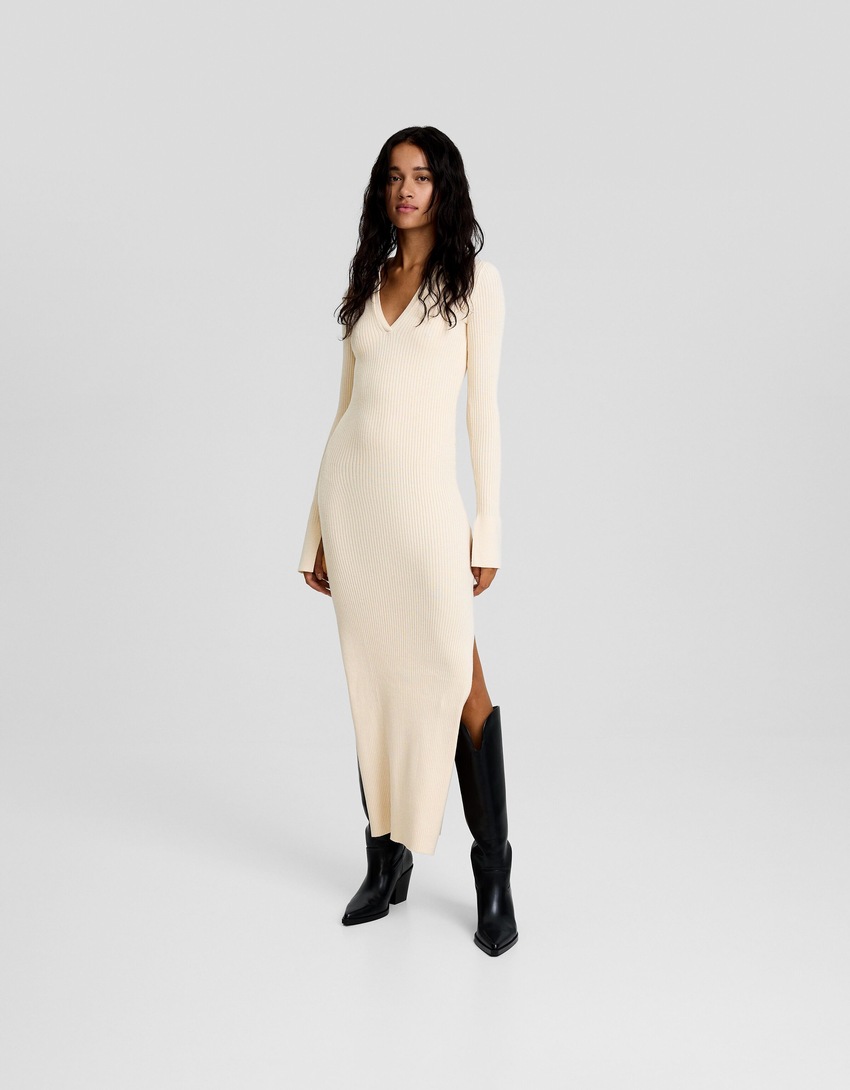 Vestido midi de manga comprida com gola polo