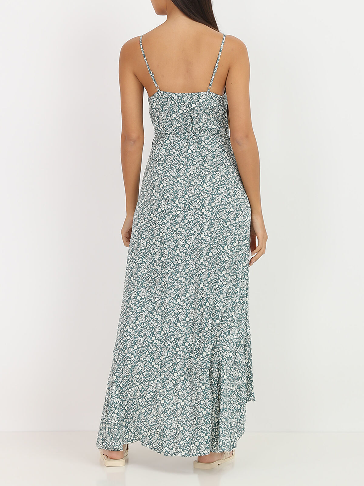 Robe longue fleurie à boutons- Vert