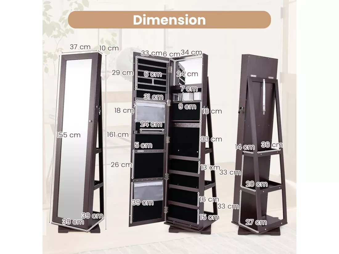 Armoire à Bijoux Pivotante à 360 Degrés, Organisateur de Bijoux sur Pieds, avec Grand Miroir Psyché et Etagère de Rangement à L’Arrière (Brun Foncé)