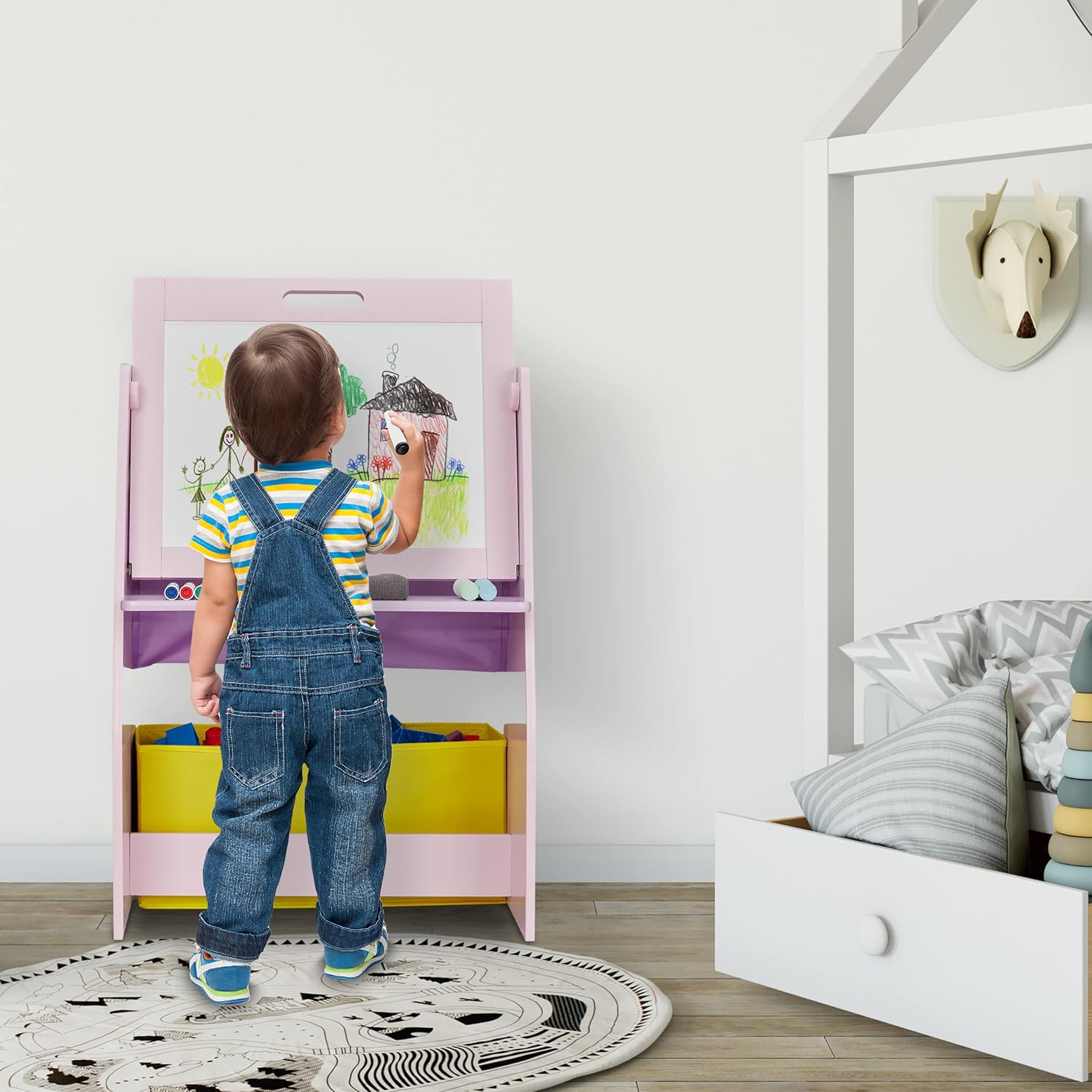 Relaxdays Kinderregal mit Tafel, Spielzeugregal mit 2 Fächern & Stoffbox, HBT: 84x52x45 cm, Spieltafel mit Hocker, rosa