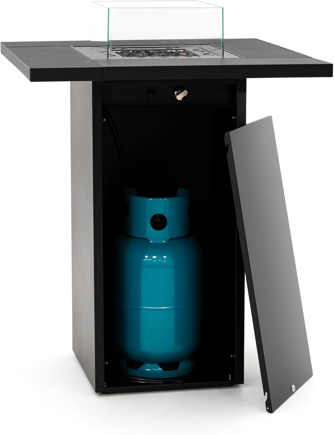 Square Table High mit Gas-Feuerstelle für den Außenbereich – 2-in-1 Feuerstelle & Cocktailtisch mit verstecktem Gasflaschenfach und Schutzabdeckung – Ideal für Terrassen, Restaurants und Außenbereiche
