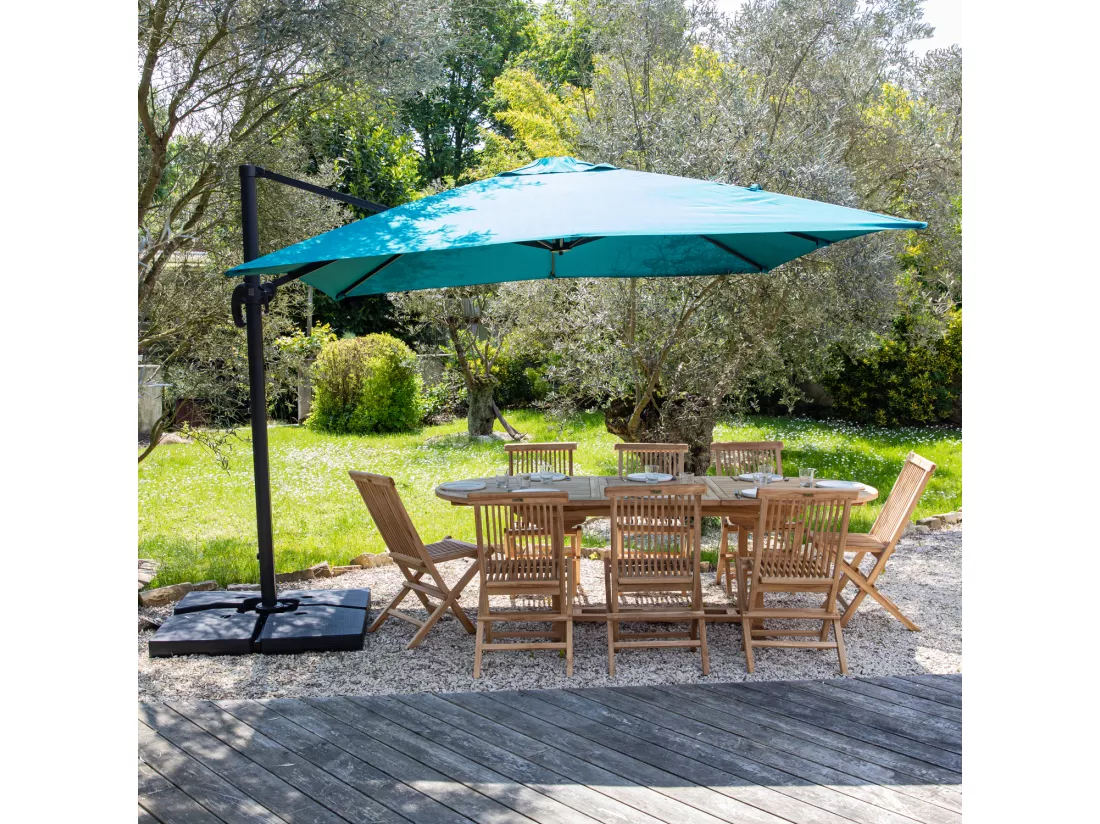 Parasol déporté MOLOKAI carré 3x3m bleu + housse - HAPPY GARDEN