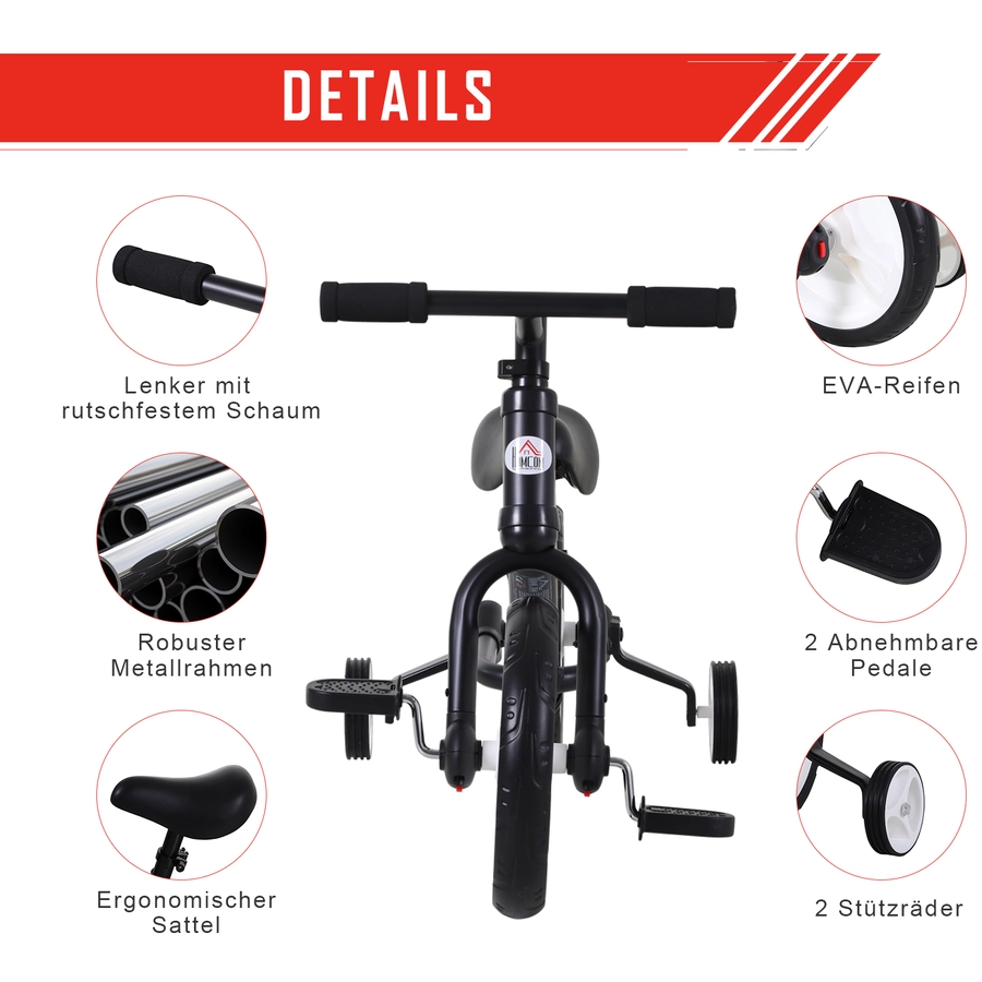 HOMCOM 2-in-1 Kinderfahrrad schwarz