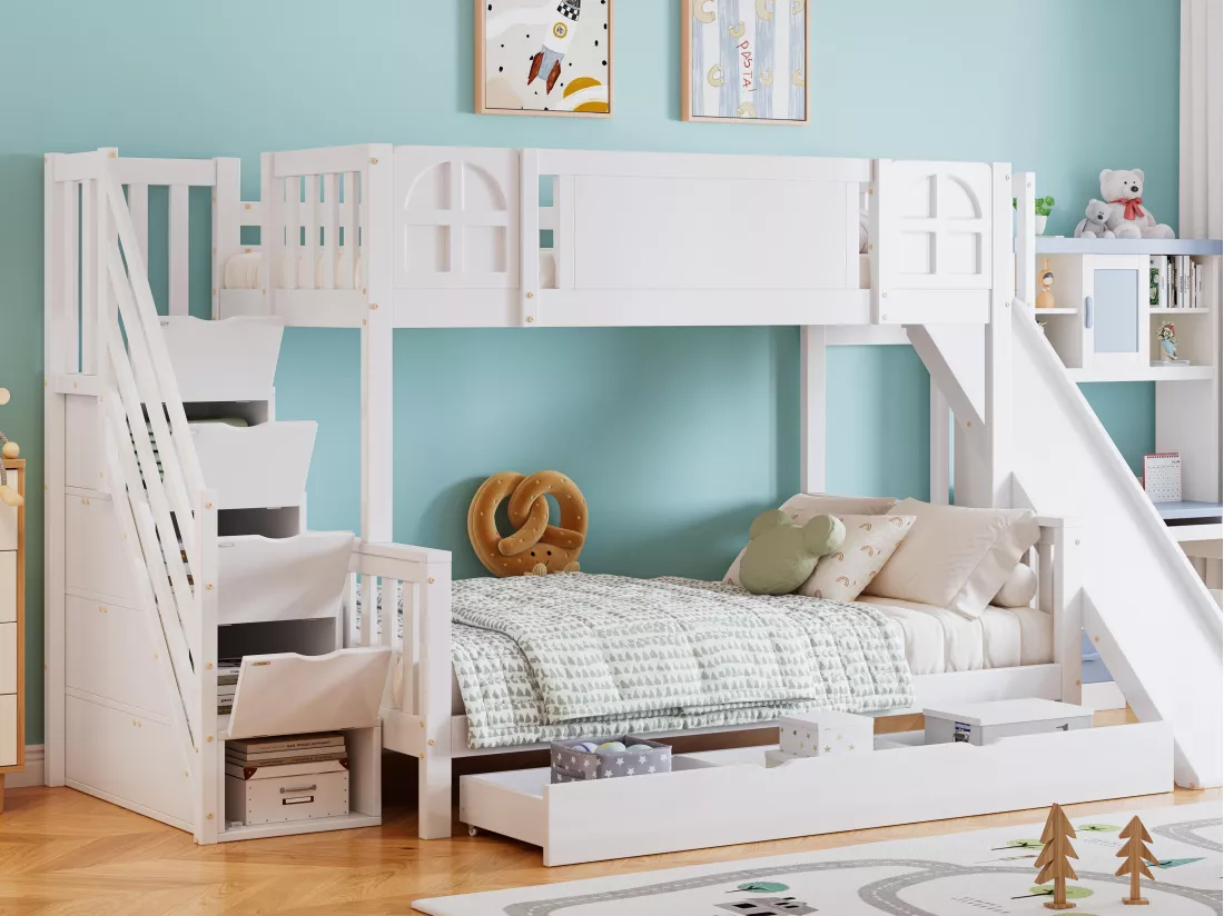 Lit superposé enfant 90x200 cm - avec fenêtre - avec toboggan enfant - tiroirs sur roulettes - escalier avec rampes - bois massif + MDF - blanc (sans matelas)